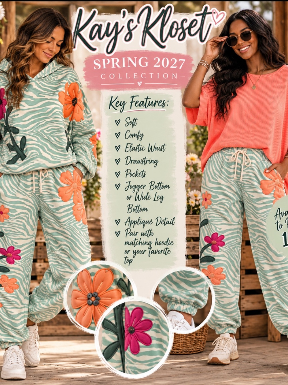 BF92–🦓💚(ETA 12/30) Mint Zebra-Print Floral Appliqué Jogger Pants